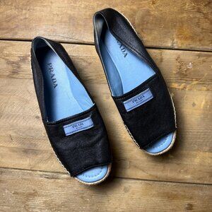 Prada | Size 8 | Open Toe Platform Espadrille in Black Leather with Blue Logo